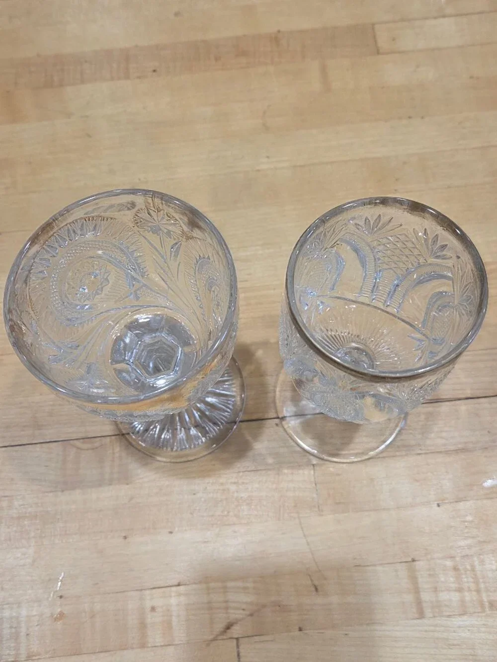 Antique Mismatched EAPG Clear Pressed Glass Water Goblets Set of 2